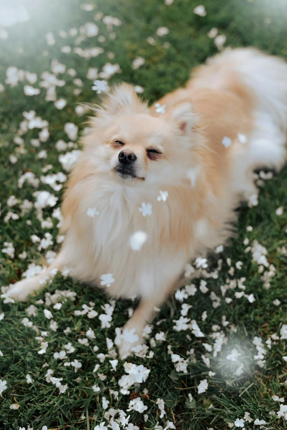 Fluffy Dog Playing Happily Among White Garden Flowers