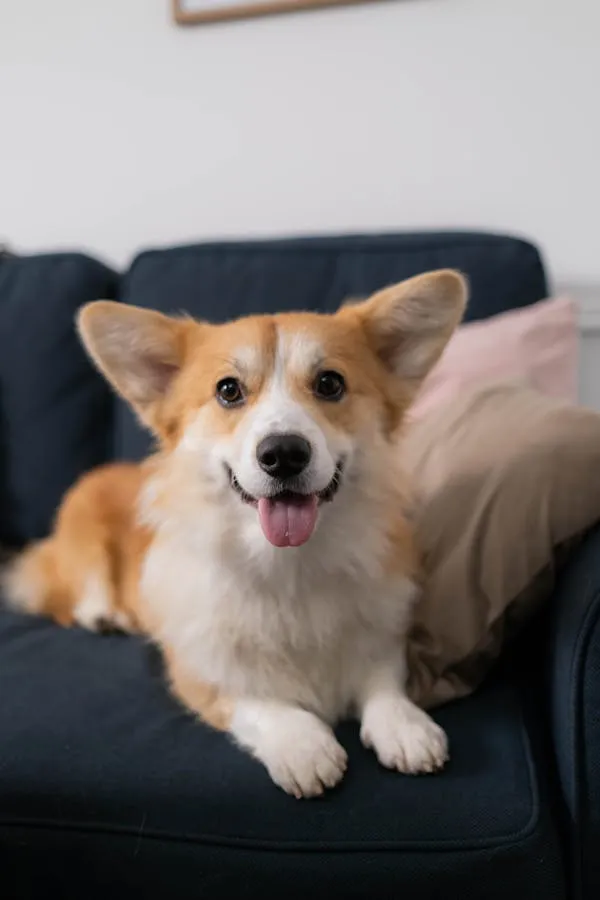 Happy Corgi Smiling While Relaxing on Living Room Image