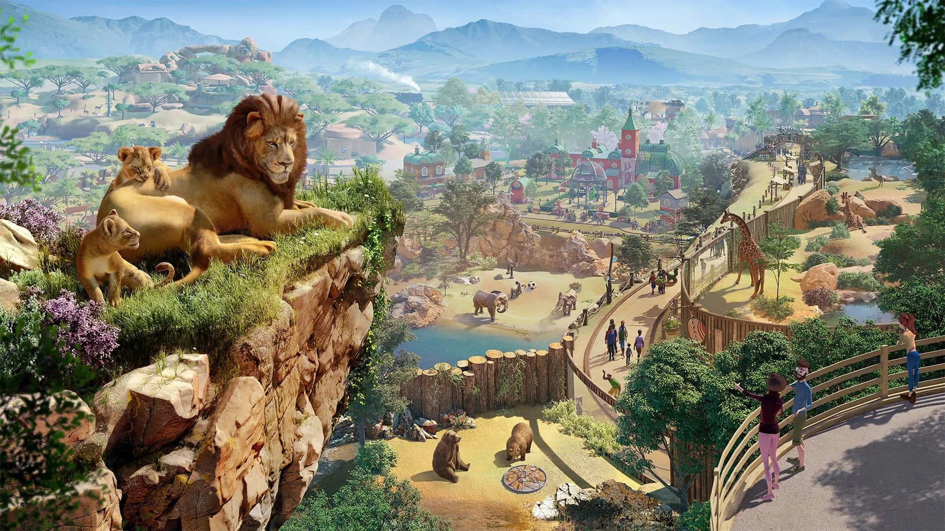 Lions Watching Over a Bustling Digital Zoo Scene Wallpaper