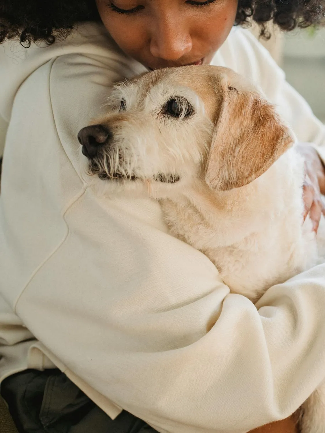 Loving Woman Holding Her Light Brown Dog Closely Wallpaper