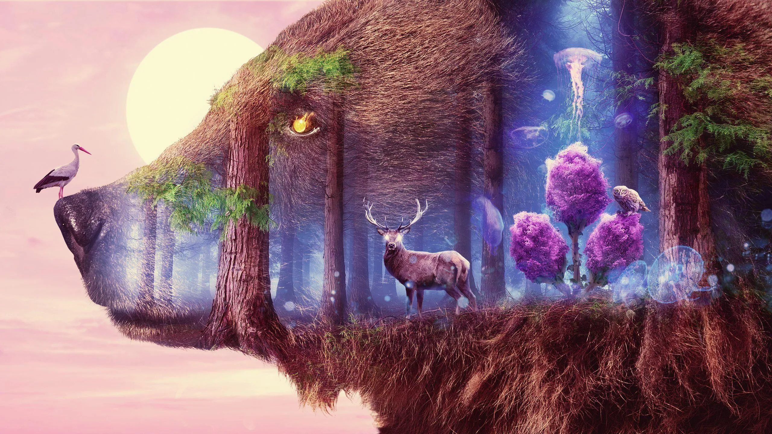 Mystical Forest Hidden Within a Giant Bear Spirit Wallpaper