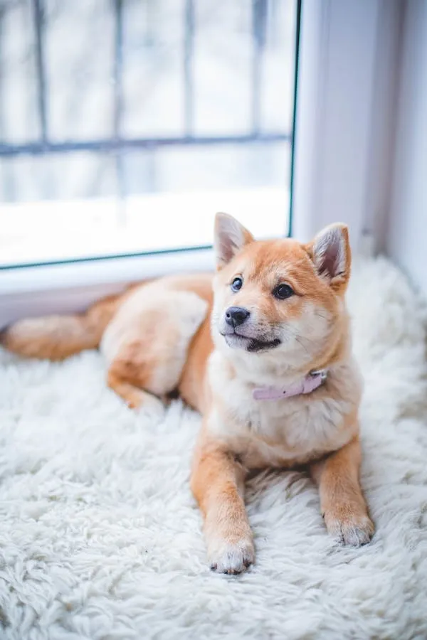 Puppy Resting Inside on a Soft White Blanket Near the Window