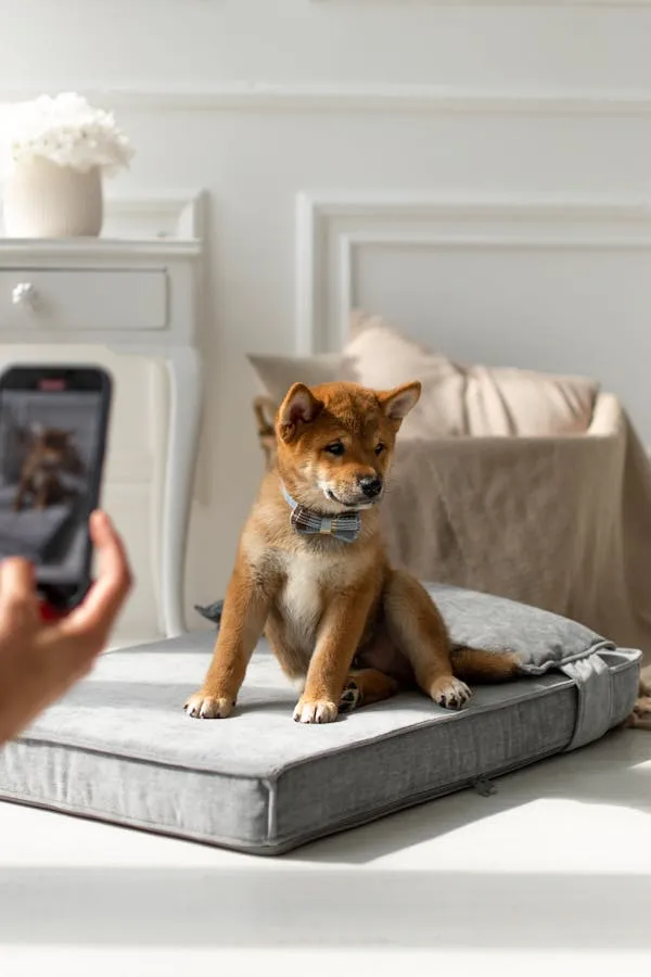 Puppy Sitting on Bed Posing For Photo with Phone Camera