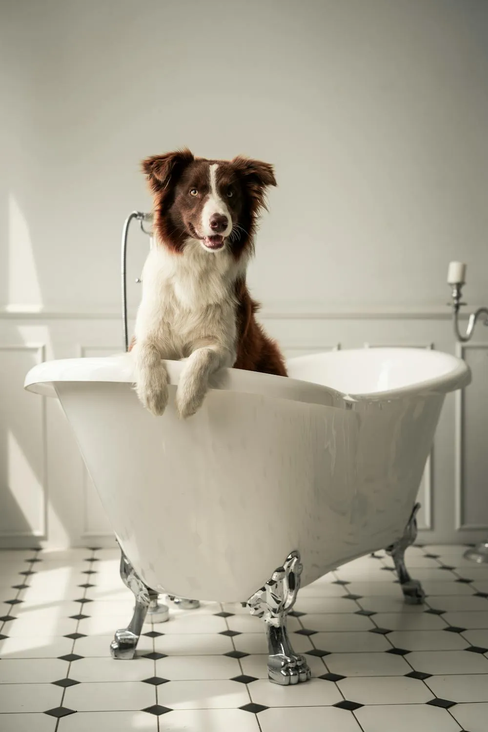 Puppy Standing in White Bathtub Looking Up Curiously Image