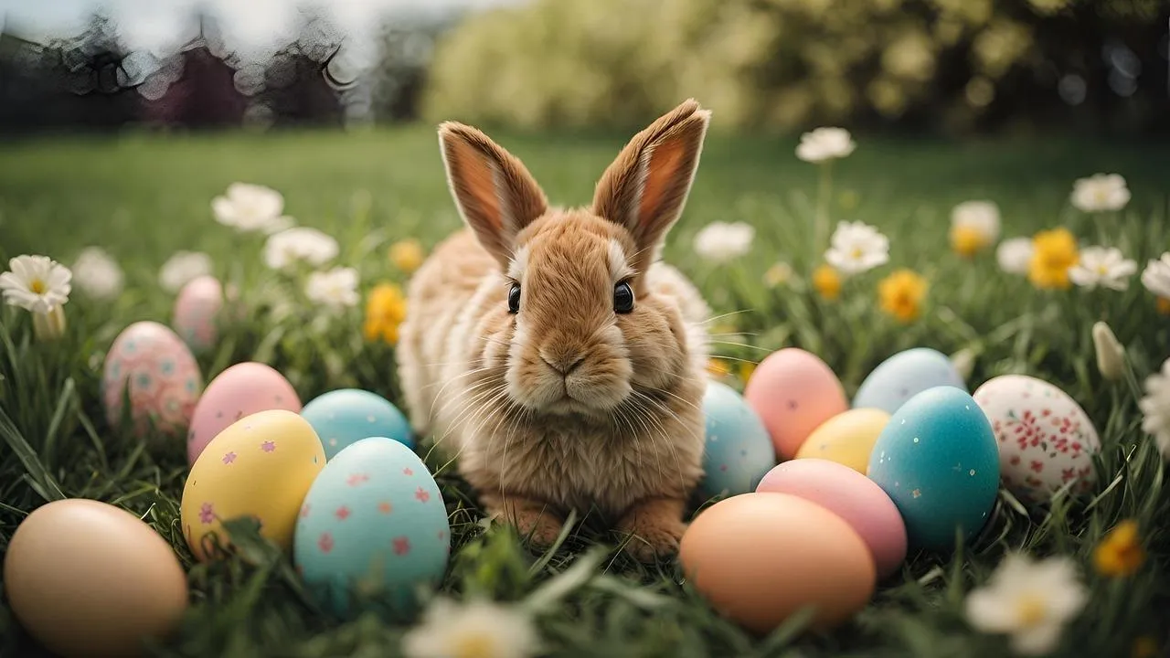 Rabbit Sitting Among Colorful Easter Eggs Wallpaper