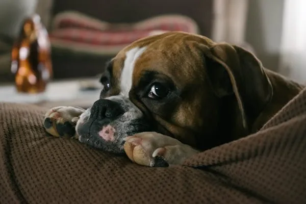 Sad Boxer Puppy Laying on Brown Sofa Free Hd Wallpaper