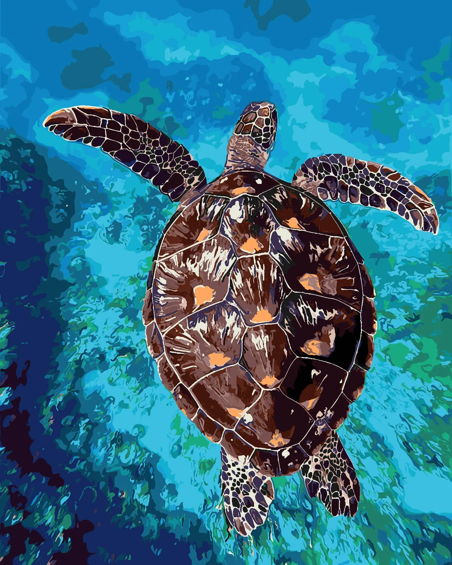 Sea Turtle Swimming in Deep Blue Ocean with Light Rays