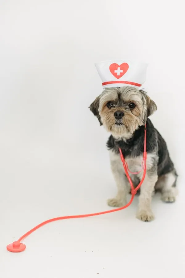 Small Dog Dressed As Nurse with Hat and Stethoscope Toy