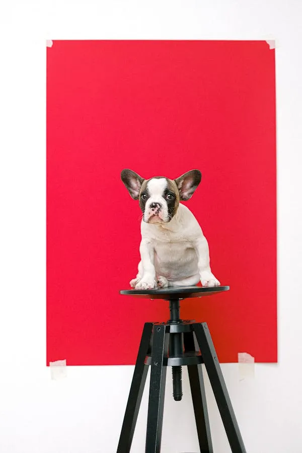 Small Dog Sitting on a Stool in Front Of a Red Background
