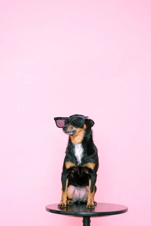 Small Dog Wearing Sunglasses Posing with a Pink Background