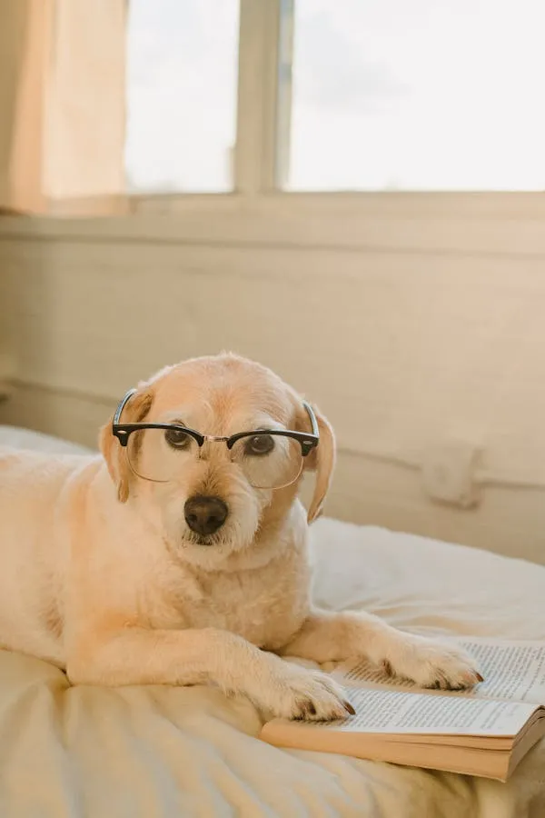 Smart Dog with Glasses Reading Book on Cozy Bed By Window