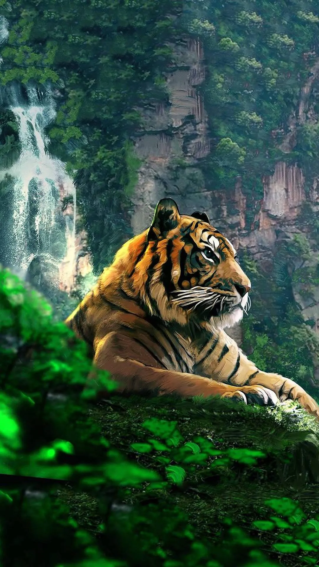 Tiger standing in a lush jungle with sunlight beams