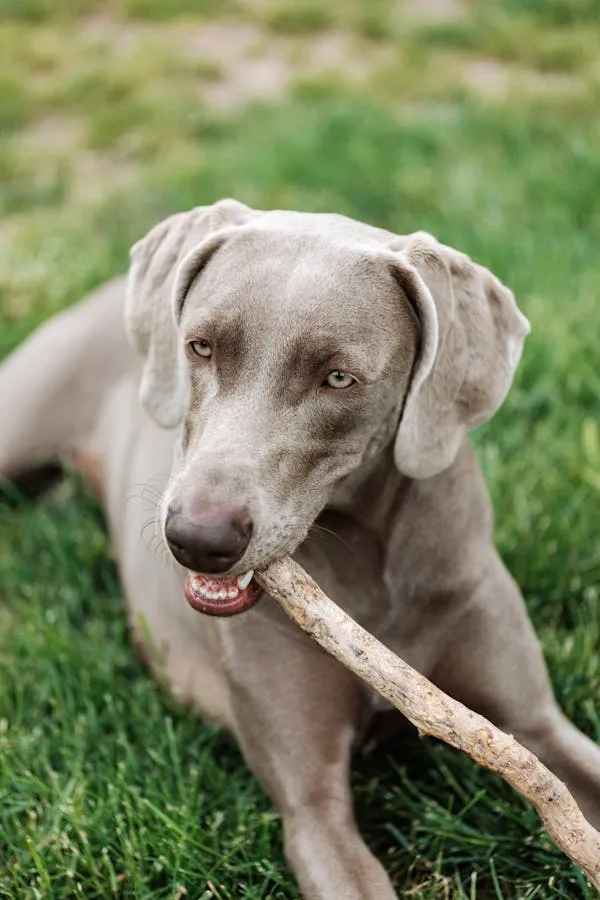Weimaraner Dog Chewing a Stick Outside on Green Grass Hd