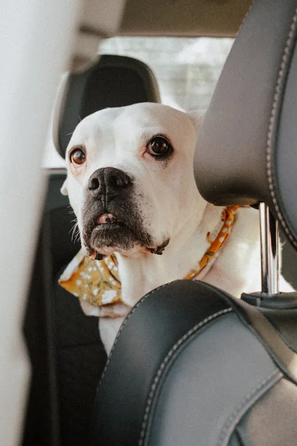 White Dog with Yellow Scarf Sitting in Car Backseat Image