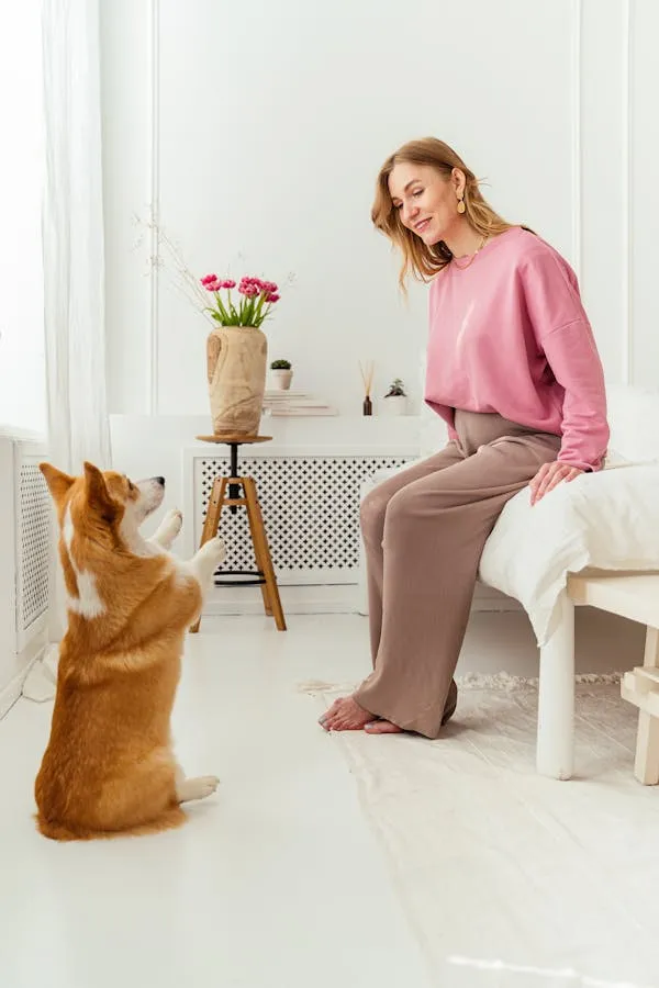 Woman in Pink Sweater Sitting with Dog in Bright White Room