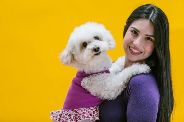 Woman in Purple Dress Holding a Dog in Yellow Background
