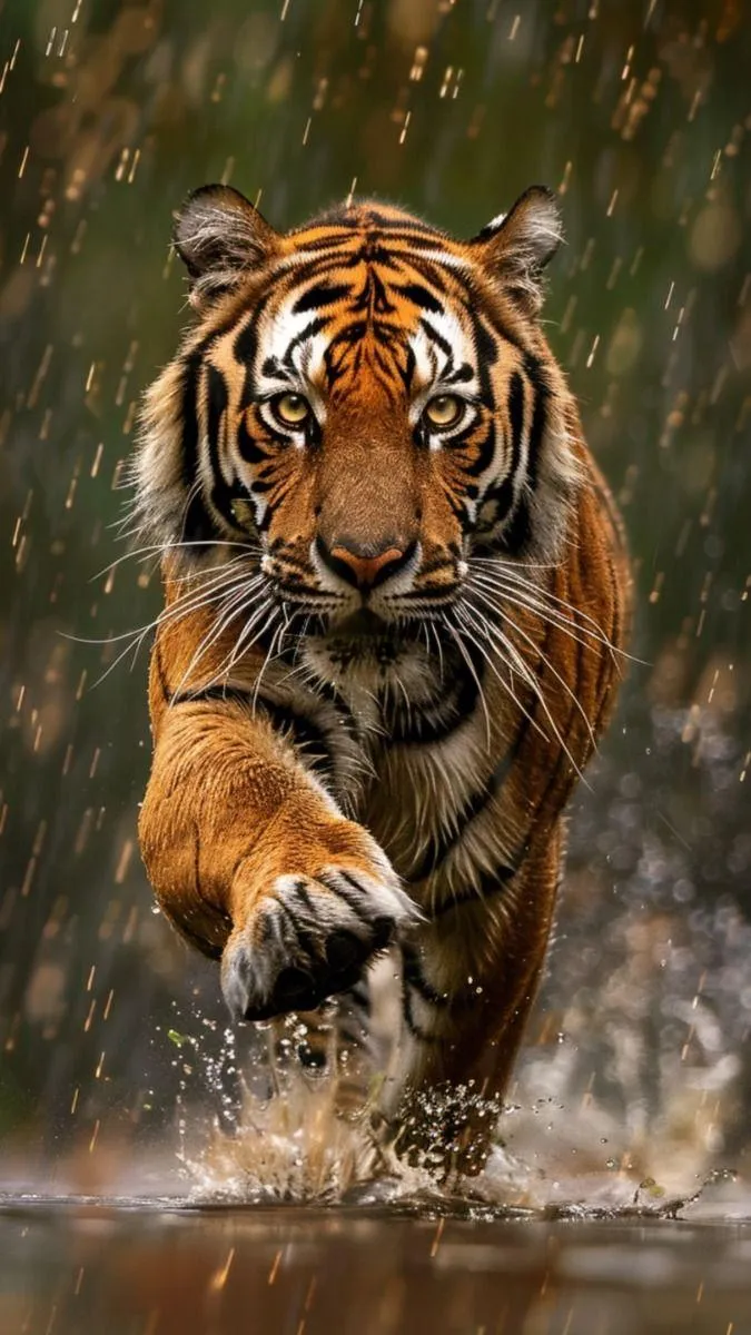 A Big Sized Tiger Running On Water In The Forest Wildlife