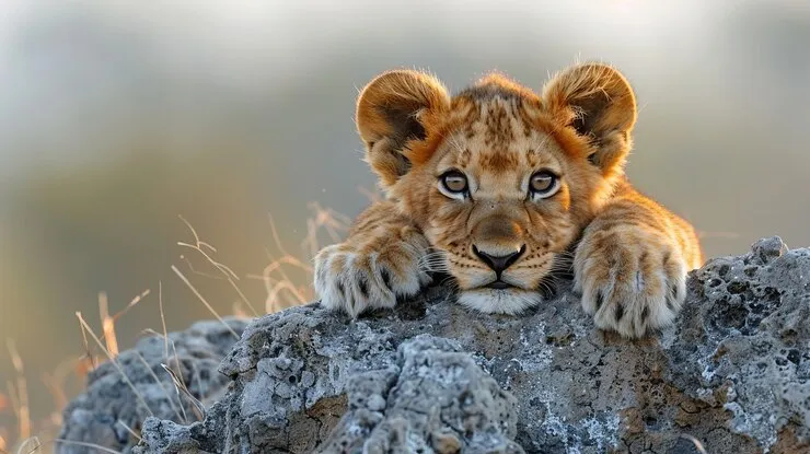 Beautiful Lion Cub Climbing on Rock HD Free Wallpaper