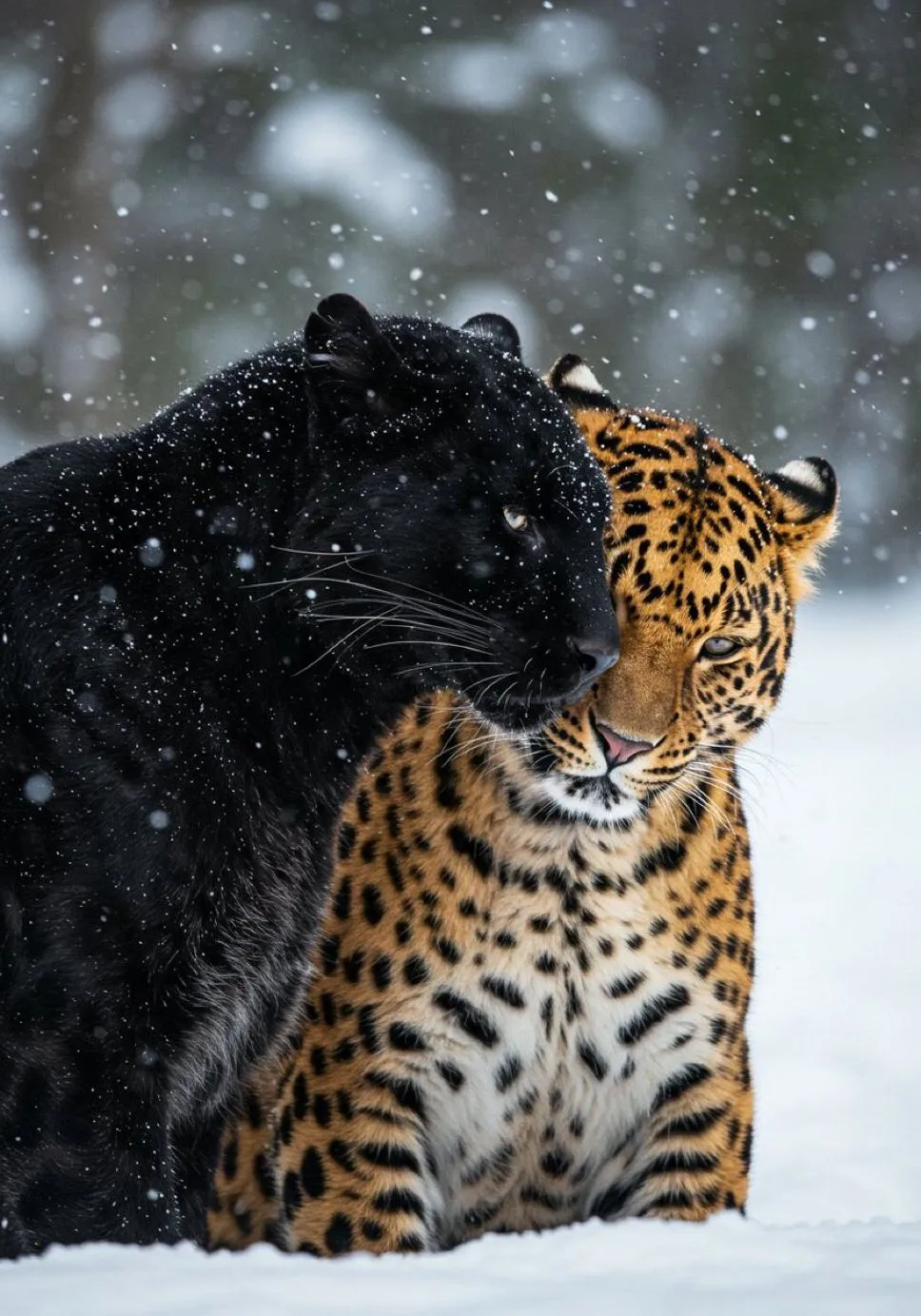 Black Panther and Leopard Cuddling in Snow Forest HD Image