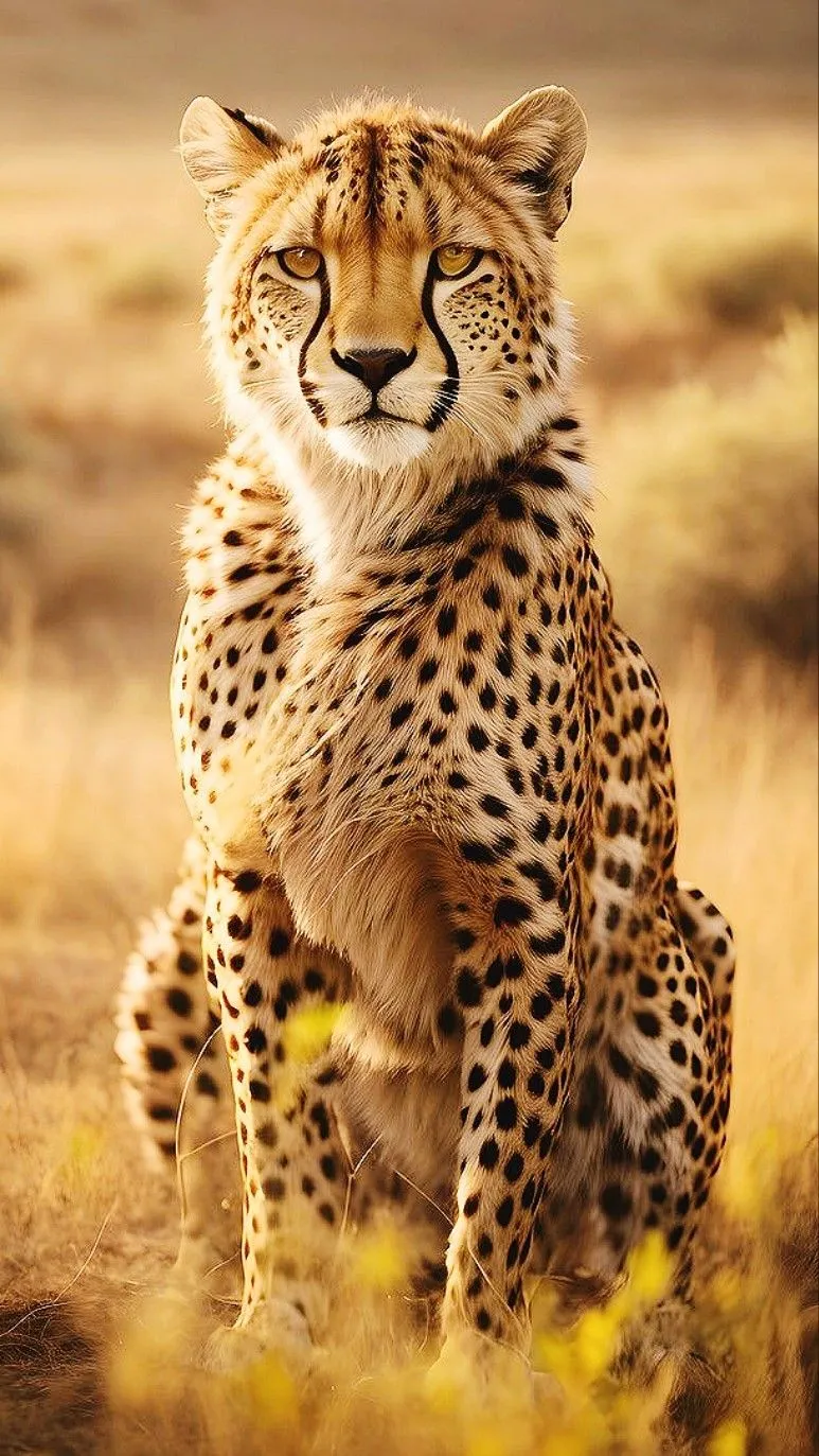 Brave Cheetah Sitting Upright in Golden Grass in Jungle