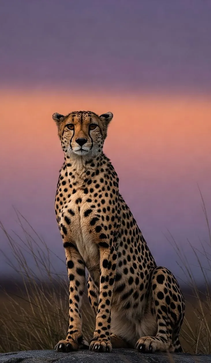 Cheetah Sitting on the Rock at Sunset in Tall Grass