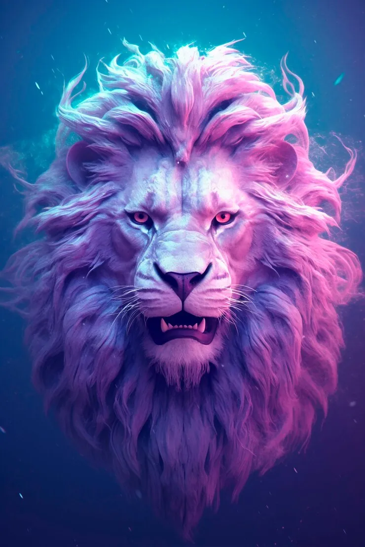 Digital Art of White Lion with Blue and Pink Lights Image