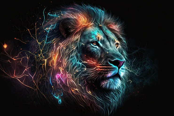 Digital Artwork of Lion Head with Neon Lights Wallpaper