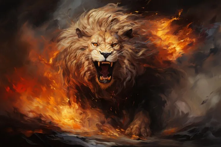 Epic Fire Lion Digital Art of Roaring Fury in Flames Image