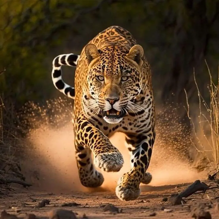 Fearless Leopard Running Forward Kicking Up Red Sand Dust