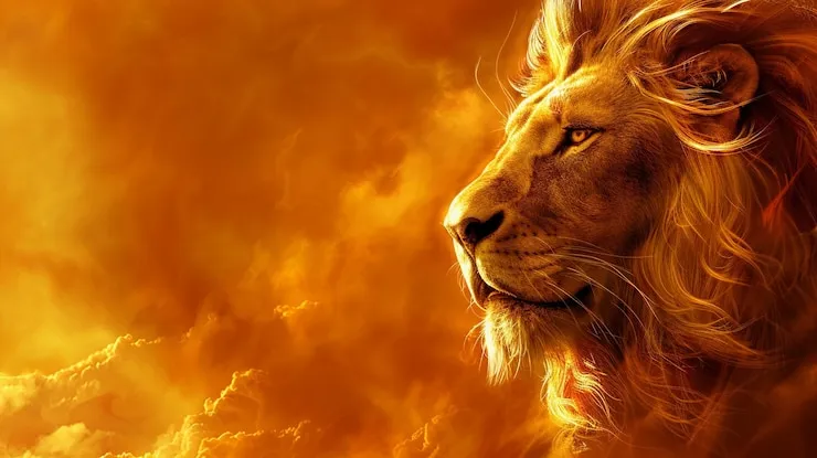 Golden Lion in Glowing Sunset Wildlife Artwork Wallpaper