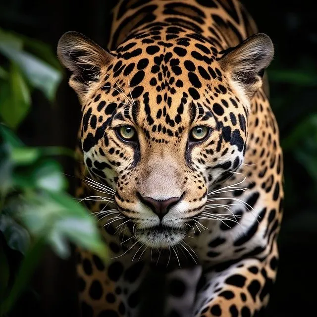 Intense Looking Leopard Hidden in the Dark Jungle Leaves