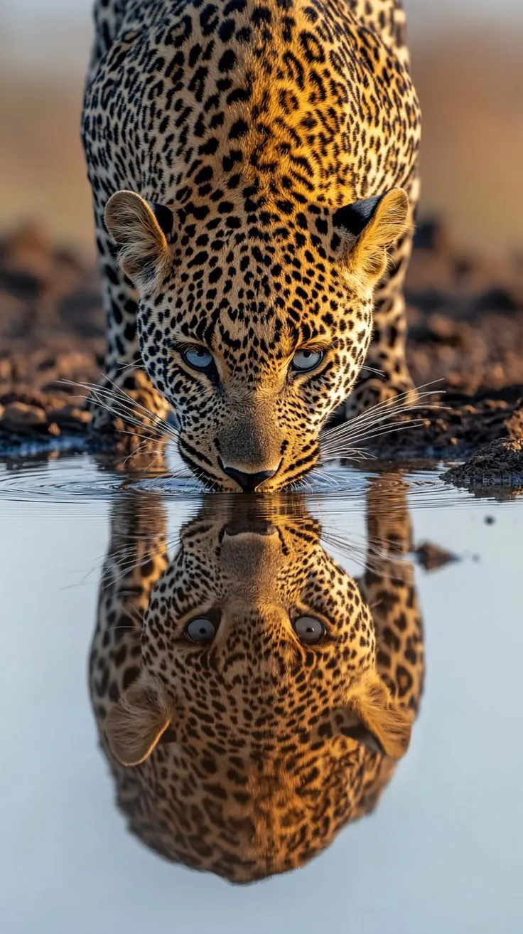 Leopard Drinking from Lake with Reflection in Still Water