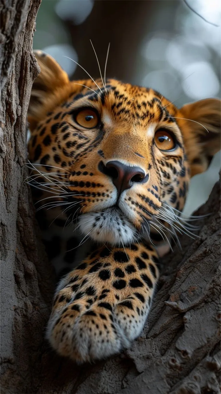 Leopard Hiding Behind Tree and Looking Up Free Wallpaper