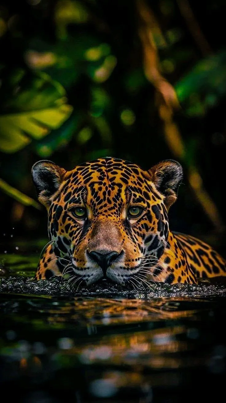 Leopard Partially Submerged Swimming in Dark Jungle Water