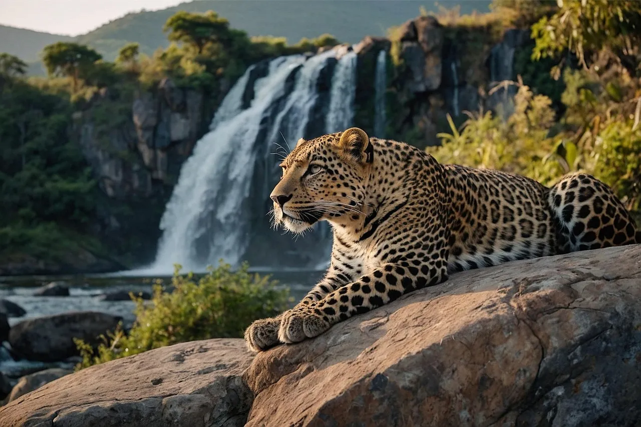 Leopard Resting on Rock By Waterfall HD Free Wallpaper