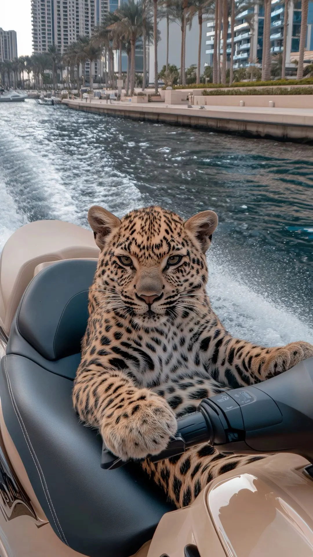 Leopard Riding Jet Ski Through the City Marin Wallpaper