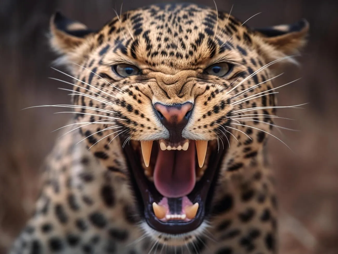 Leopard Snarling with Wide Open Mouth and Fierce Eyes