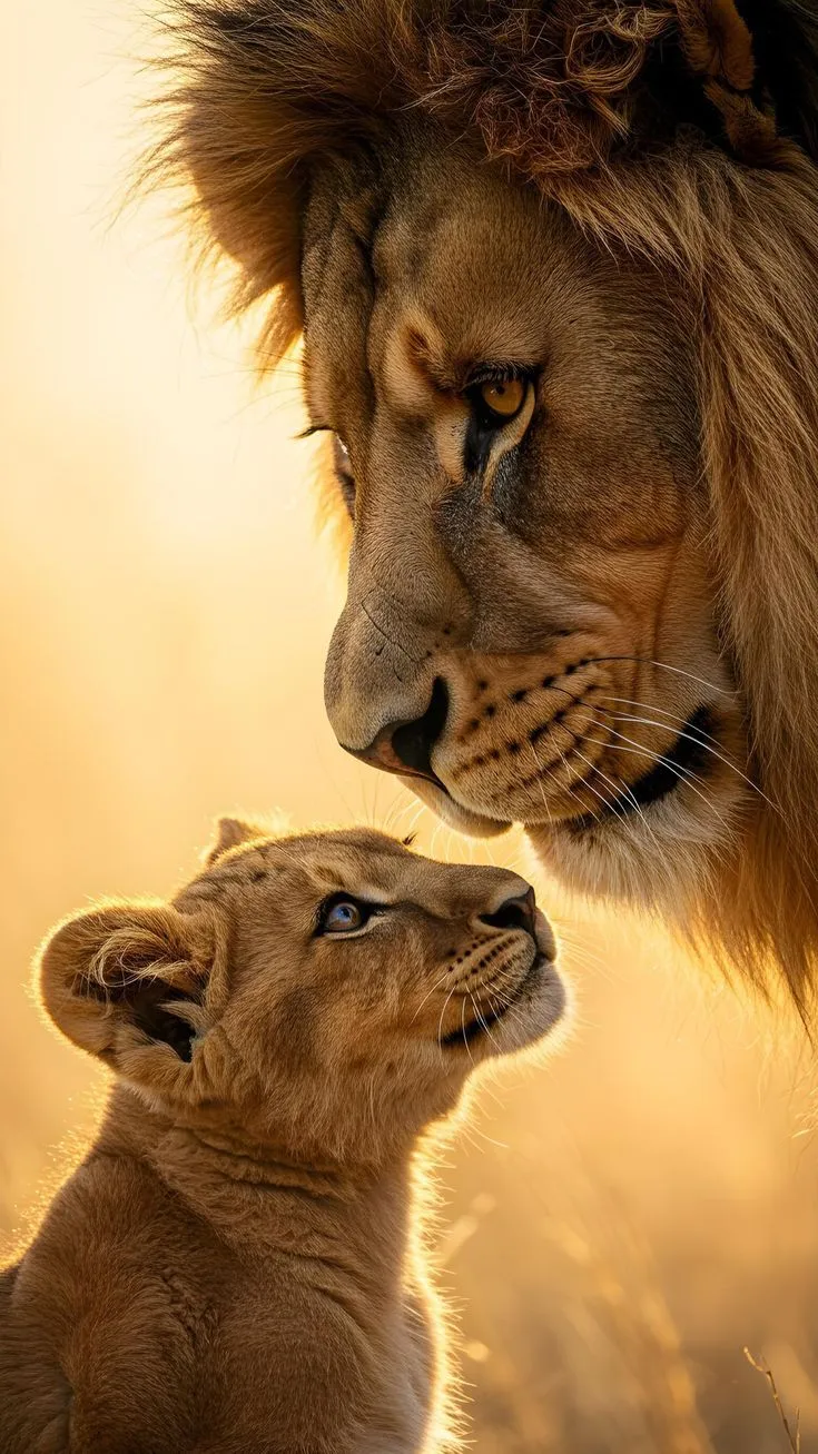 Lion and its Cub Looking at Each Other Portrait Wallpaper
