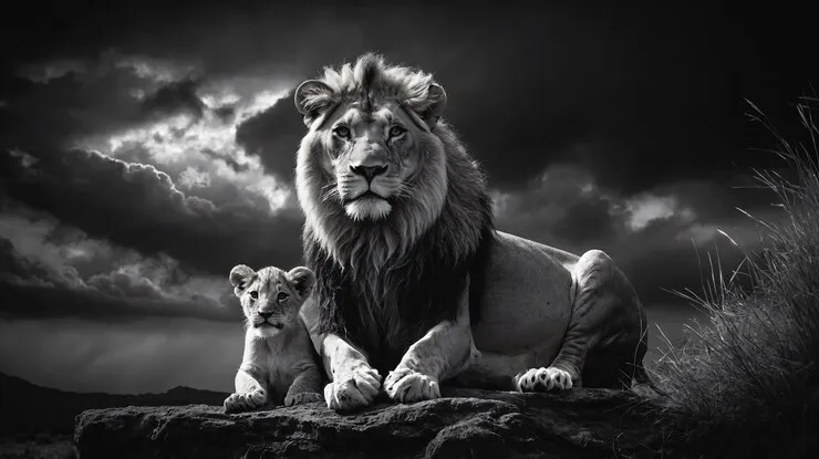 Lion and its Cub Sitting on a Rock Black and White Image