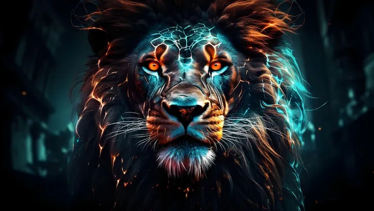 Lion Face Close Up View with Orange Eyes and Blue Neon Light