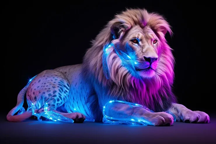Lion Sitting Pose with Blue Neon Light HD Free Wallpaper