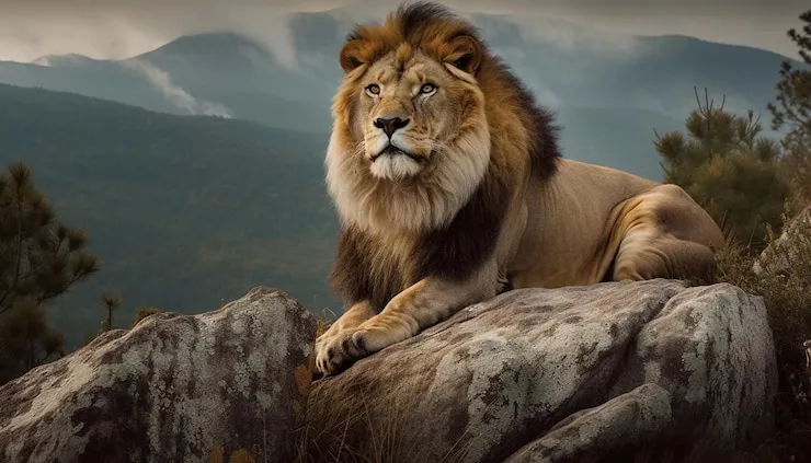 Lion Sitting on Rock with Beautiful Mountain Background