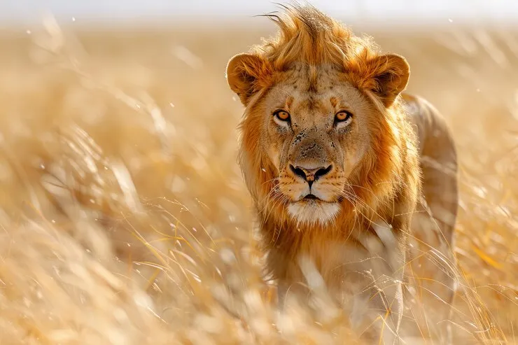 Lion Standing on the Grass Looking Intensely Free Wallpaper