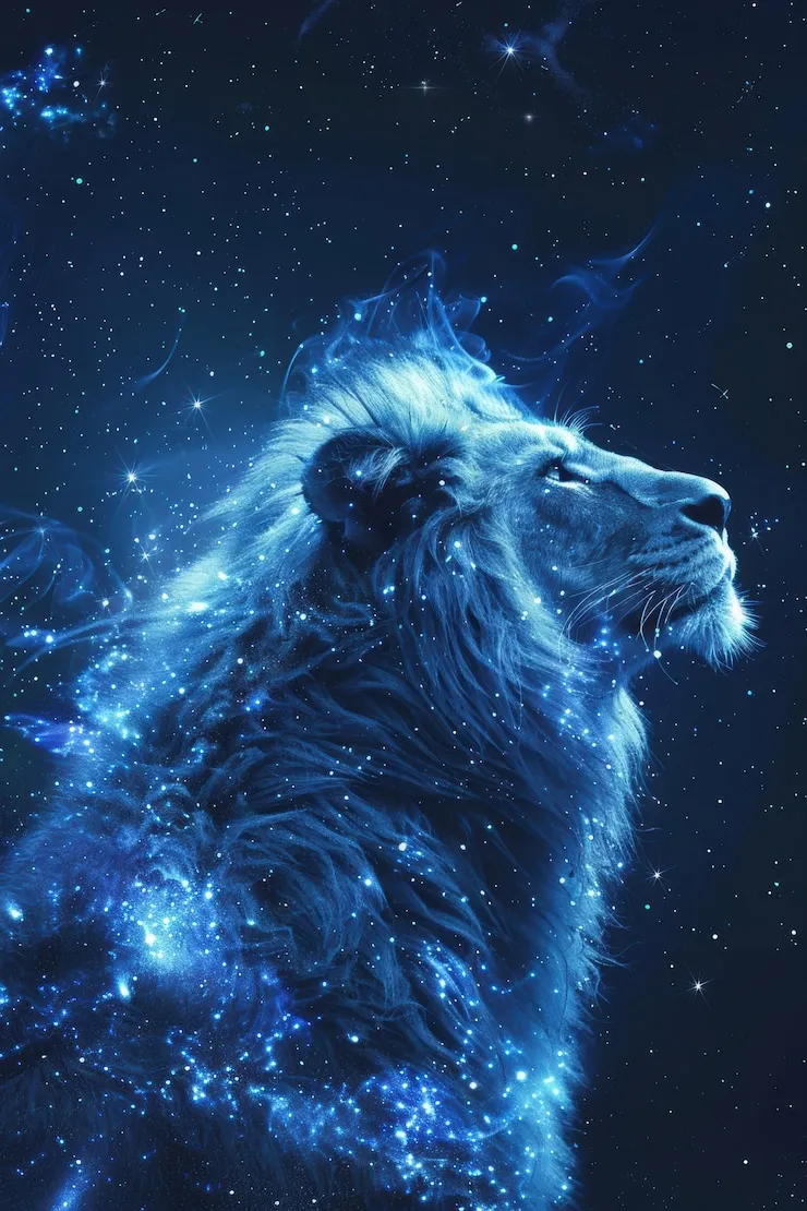Lion in Starry Night Sky Fantasy Cosmic Art HD Wallpaper
