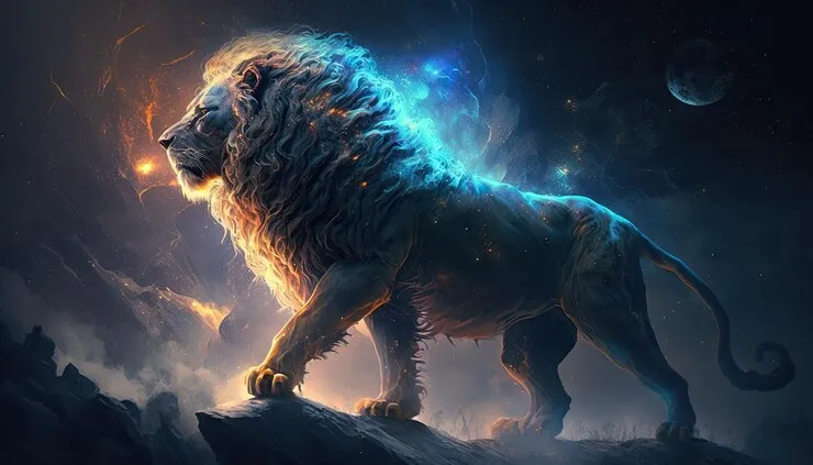 Lion Walking on End of Rock with Red and Blue Neon Lights