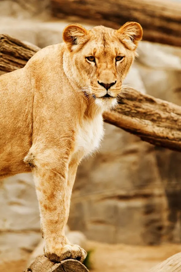 Lioness Sideview Standing on Wood HD Portrait Wallpaper