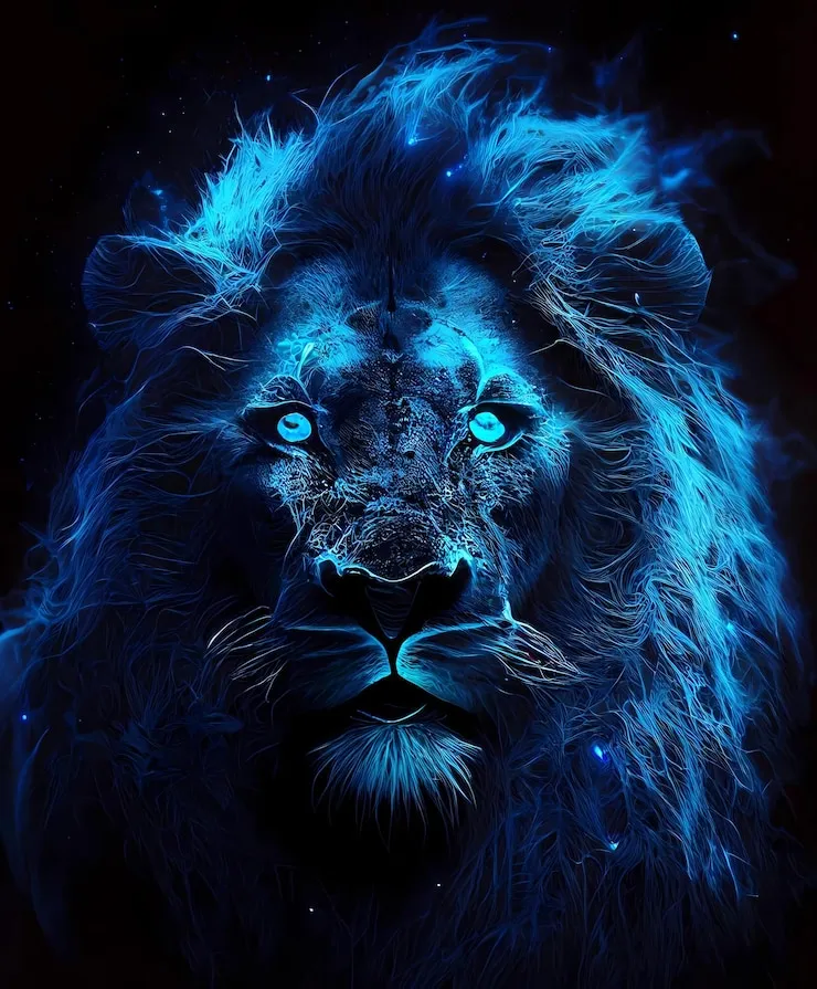 Majestic Lion Closer Look Blue Colour Neon Lights Wallpaper