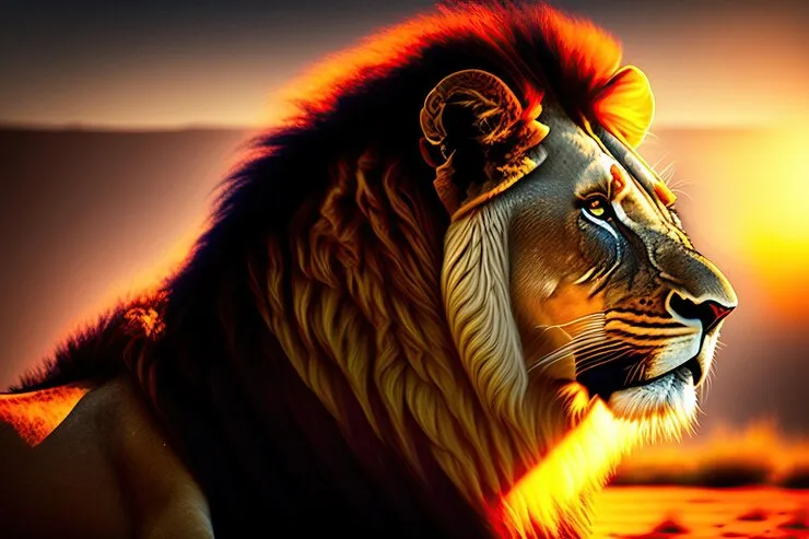 Majestic Lion Glows Against a Fiery Sunset Wildlife Picture