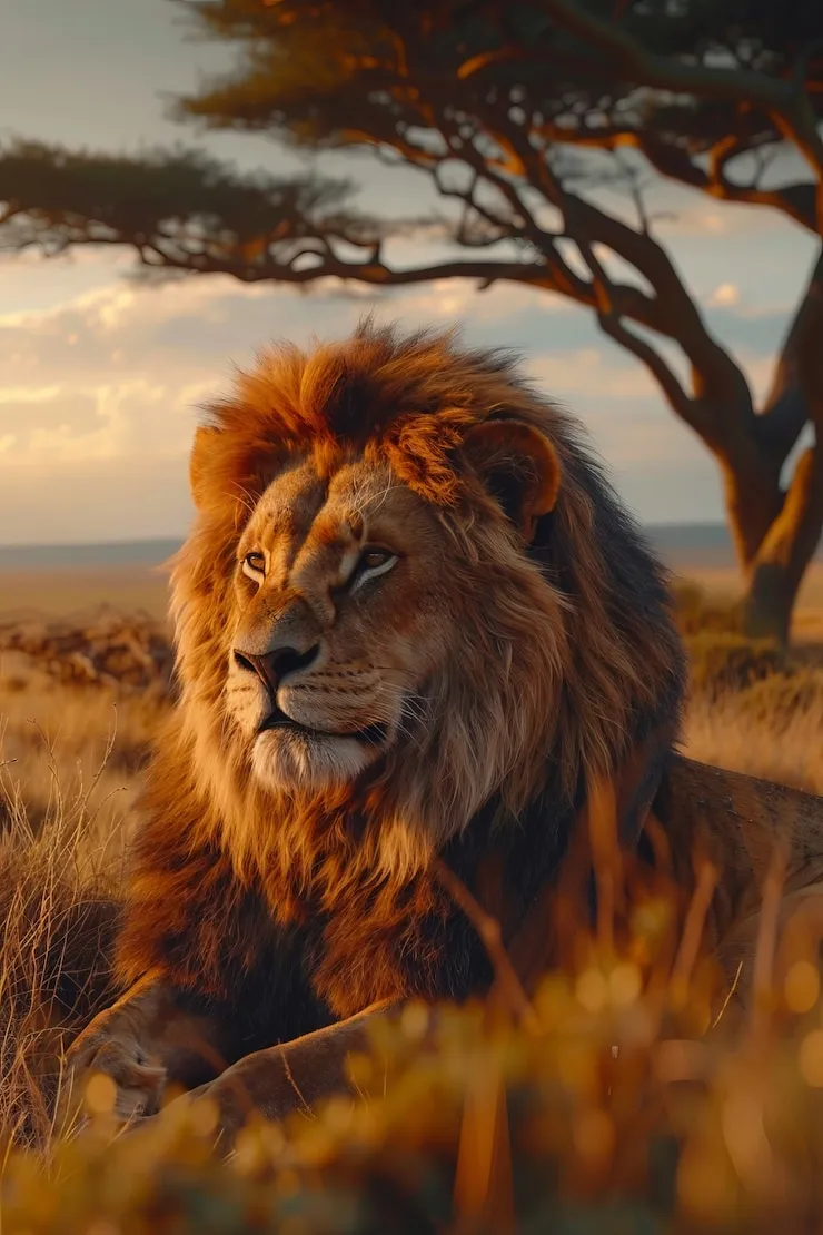 Majestic Lion Resting in the African Savannah at Golden Hour