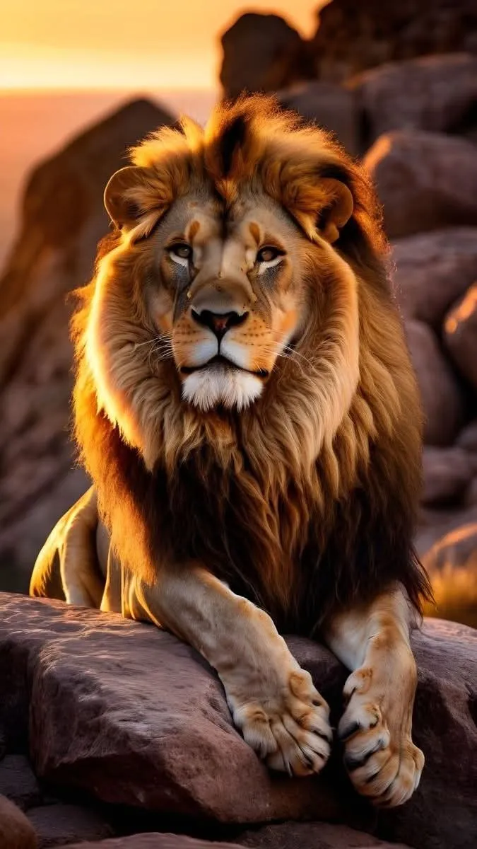 Majestic Lion Resting on Rocks at Sunset Wildlife Portrait